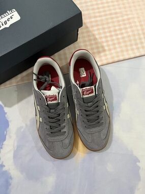 Onitsuka Tiger Gray Suede Sneakers with Cream Stripes